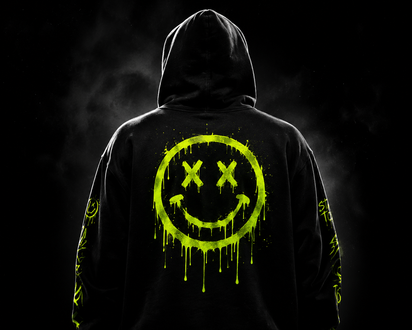 Stay Toxic hoodie with a green dripping smiley back print