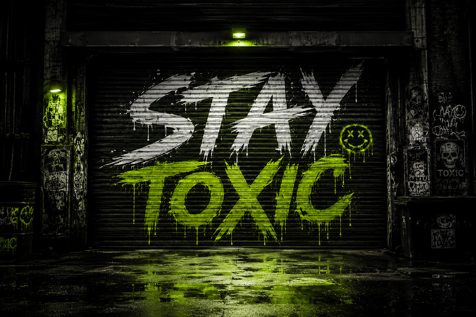 Stay Toxic graffiti on a garage roller door