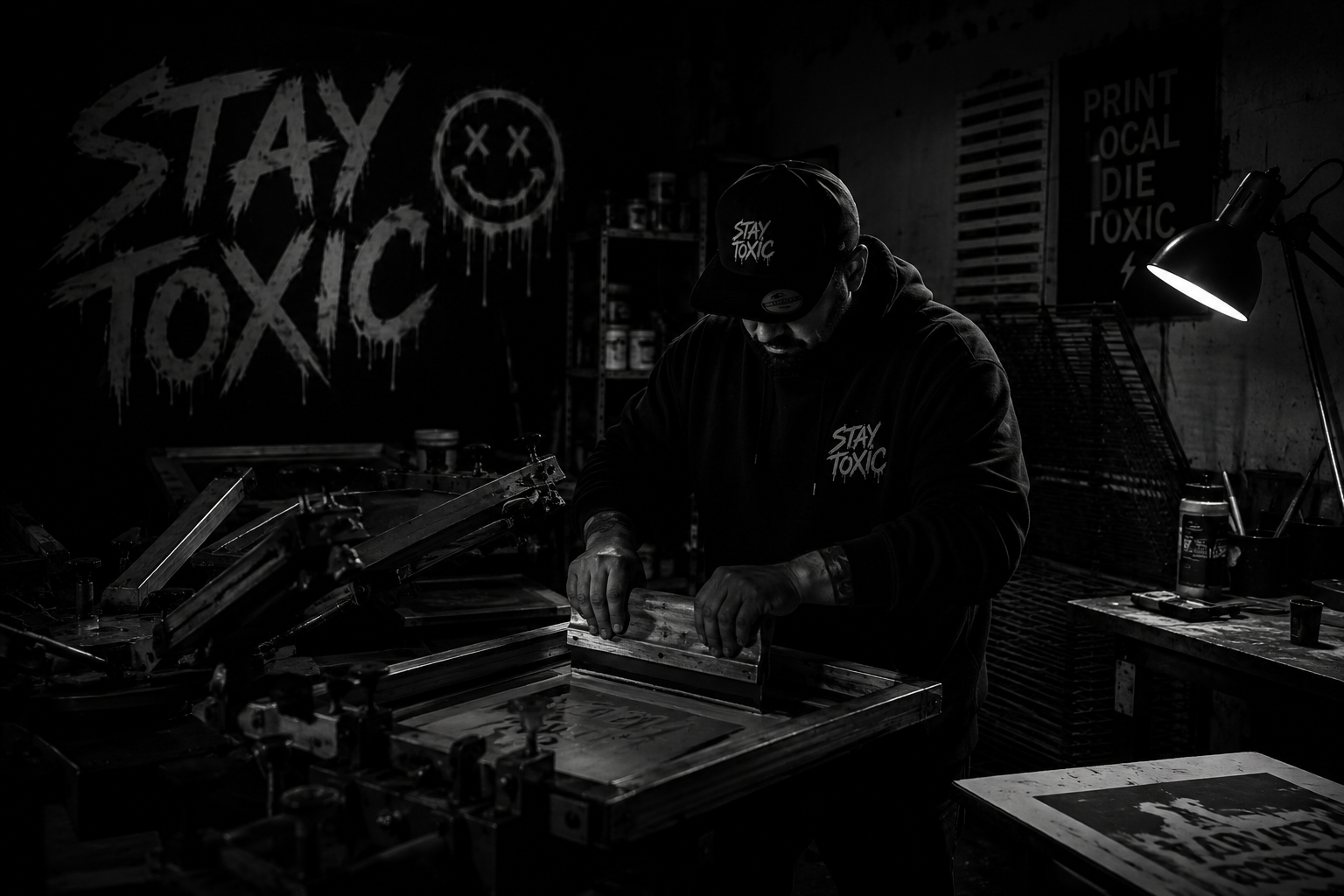 The founder screen-printing in the shop after hours